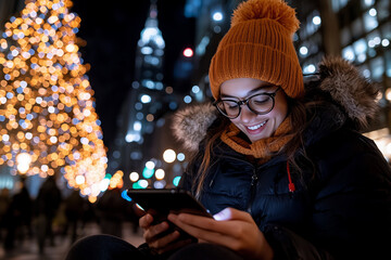 Smiling Young Woman Using Tablet at Night in City with Christmas