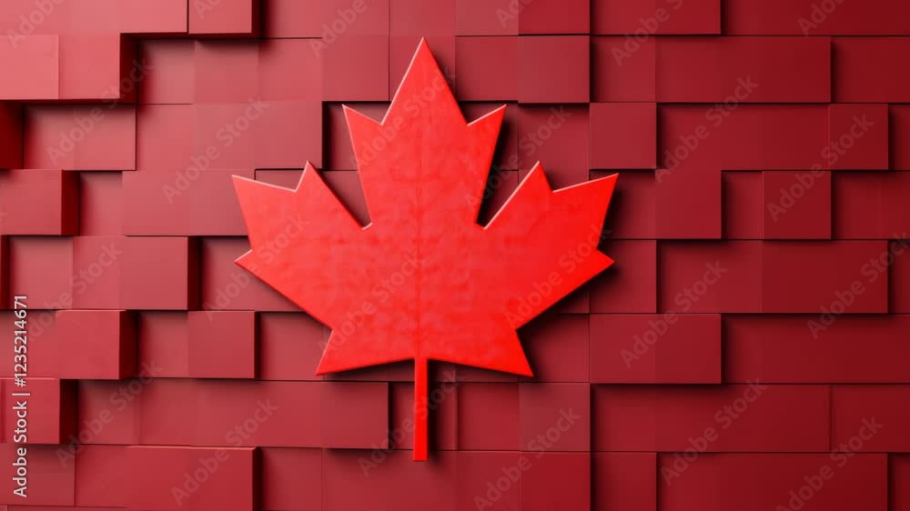 Poster canadian flag rendered as futuristic 3d blocks with maple leaf design on red geometric background fo