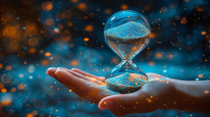 an hourglass of blue sand in the palm of his hand in a golden haze.