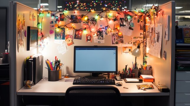 A cozy cubicle with a desk, computer, and decorations.