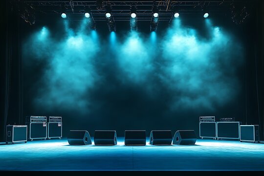 A concert stage with amplifiers and lighting, ready for a live performance.