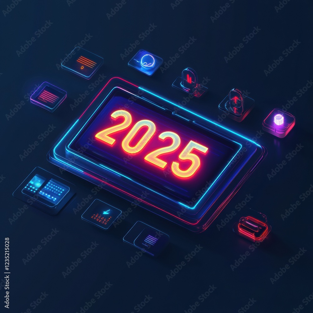 Poster futuristic digital calendar displaying the year 2025 with glowing interactive icons and data element