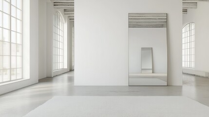 Fototapeta premium Minimalist interior with white wall, large mirrors, and minimal decor