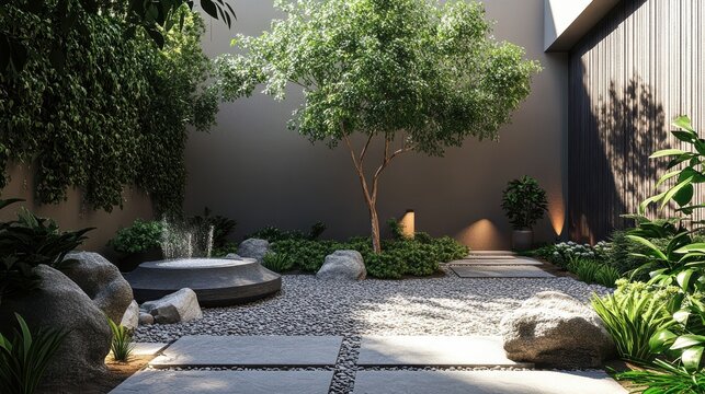 A peaceful courtyard garden with minimal stone decor and small trees, photorealistic