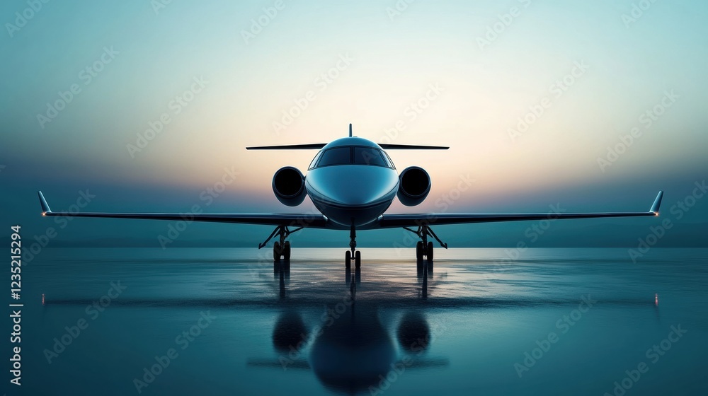 Poster silhouette of a sleek airplane at dusk with reflections on the water in a tranquil atmosphere. gener