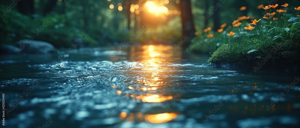 Aufkleber tranquil stream with sunlight filtering through trees