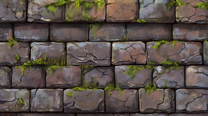 A detailed view of a rustic brick wall with hints of moss growing between the cracks, adding natural charm. Rustic Charm. Illustration