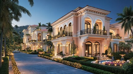 Obraz premium Luxurious villas row, evening view, landscaped drive, mountains backdrop