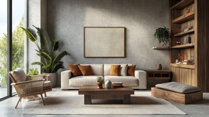 Fototapeta premium Stylish Modern Living Room with Sofa, Armchair, Coffee Table, and Wooden Accents, Featuring Neutral Tones and Boho Decor with Concrete Wall and Natural Light.
