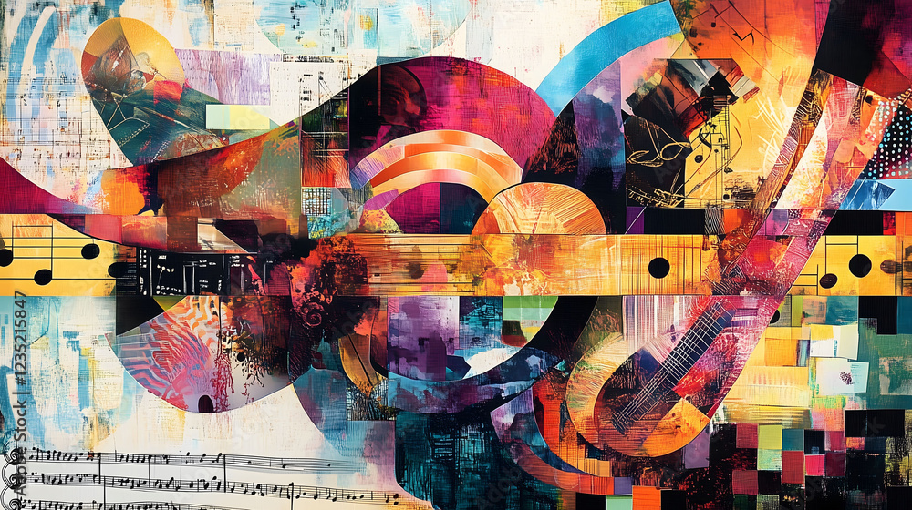 Aufkleber captivating abstract collage exploring vibrant themes of music and rhythm through colorful design el