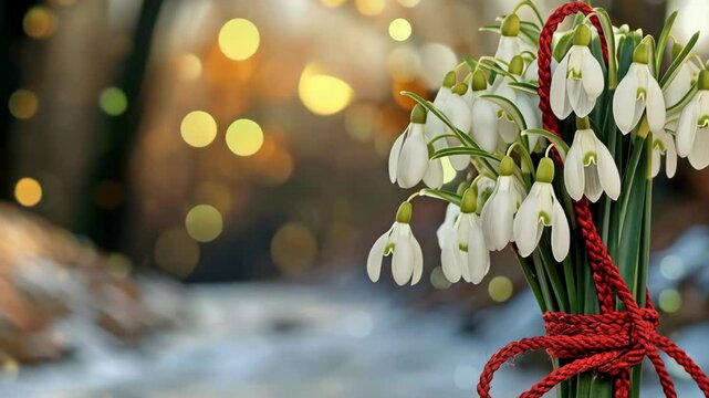 Snowdrop flower bouquet with red ribbon on blurred spring background. Romantic gift. Women's Day, Valentine's Day, Martisor, Easter, Spring Equinox, Hello spring concept