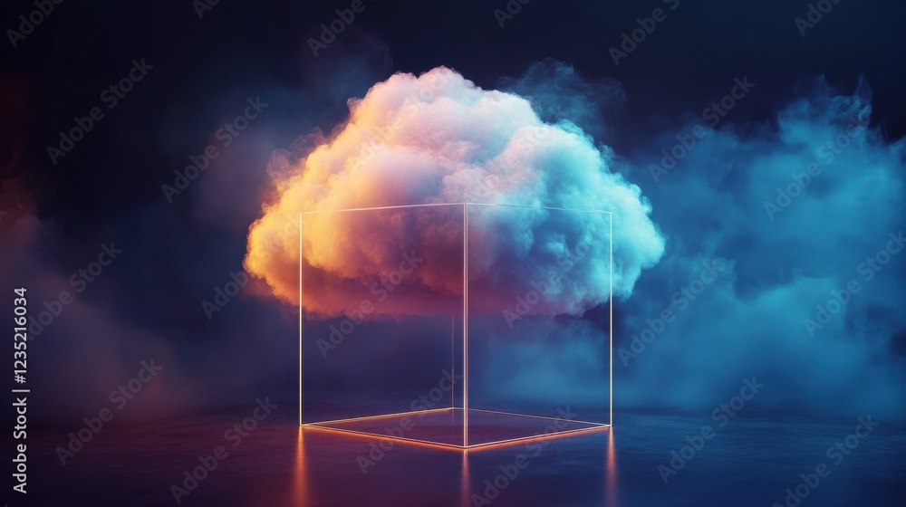 Poster cloud storage data. a luminous cloud with elements of information, located in a transparent cube, on