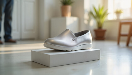Stylish silver metallic shoe reflecting soft natural light, indoor elegance