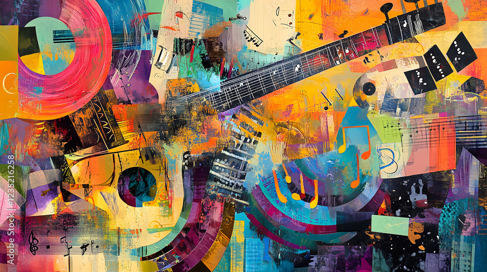 Poster captivating abstract collage featuring musical instruments and vibrant colors in a creative composit