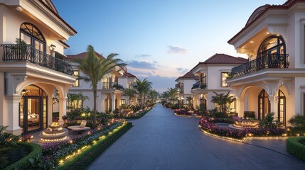 Fototapeta premium Luxury villas row, evening, tropical garden, architectural design