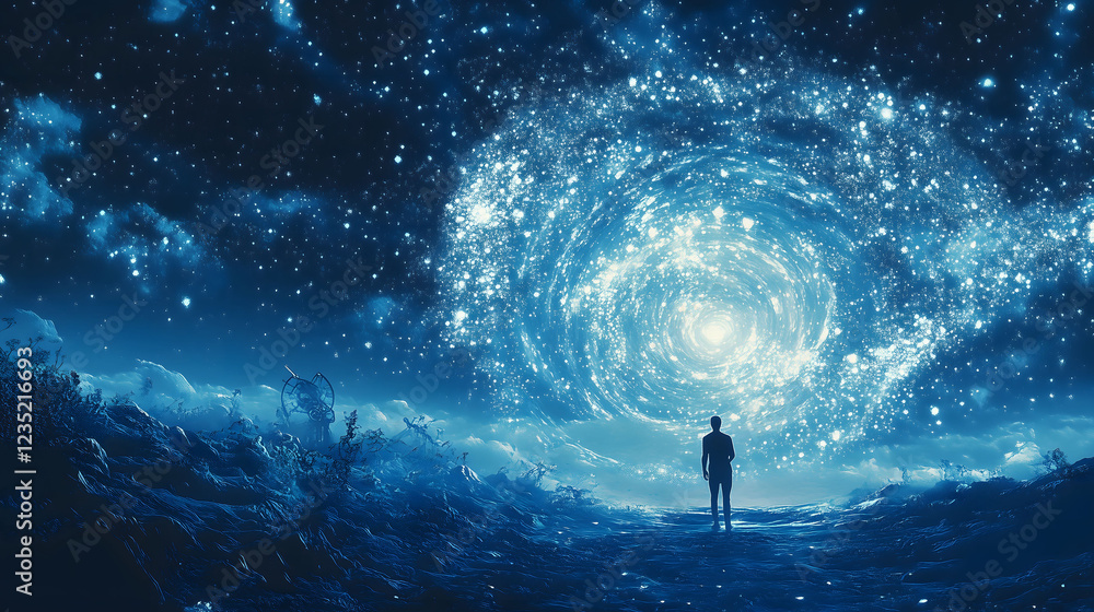 Aufkleber cosmic arc view with a person standing under a starry backdrop in a surreal landscape at night. gene
