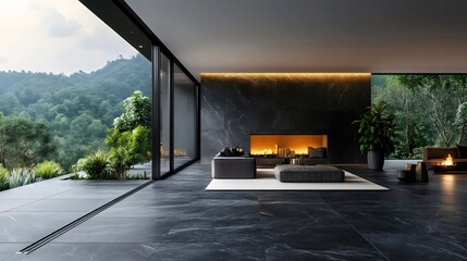 A large, modern living room with a fireplace and a view of the mountains