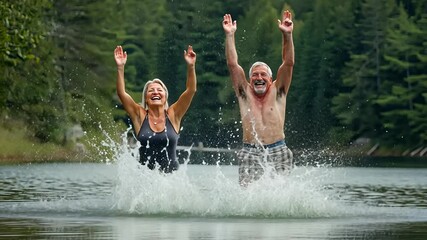 A delighted mature couple jumps into a sparkling lake, surrounded by lush greenery. Their laughter fills the air as they embrace the joy of carefree moments together. - Powered by Adobe