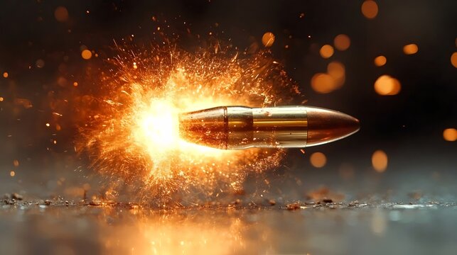 A bullet is shot into the air, leaving a trail of smoke and fire behind it