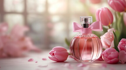 Pink bottle of perfume with flower