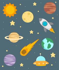 space elements, space cartoon elements collection ( rocket, planets, ufo, and sun cartoon illustrations)