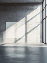 Obraz premium Modern exhibition hall interior with concrete wall and floor, blank mock up banner. Gallery concept. 3D Rendering