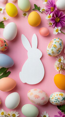 Easter bunny silhouette surrounded by colorful eggs and spring flowers on pink background