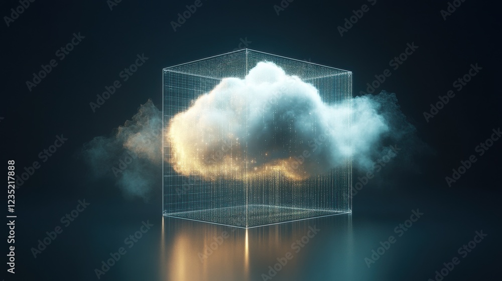 Poster cloud storage data. a luminous cloud with elements of information, located in a transparent cube, on