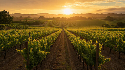 Sunrise over lush vineyard landscape with rolling hills