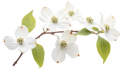 flowering dogwood branch, with soft white petals and green leaves, isolated on a white background