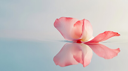 Delicate pink rose petal reflection on serene water surface