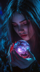 Naklejka premium Mystical woman gazing at enchanted crystal ball in dark ambiance