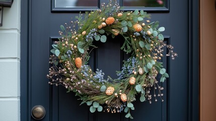 Decorative autumn wreath adorned with pinecones and dried flowers on a dark blue front door