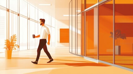 Fototapeta premium A man in a white shirt and black pants walks down a hallway with a coffee cup in his hand.