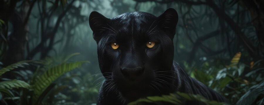 Black panther eyes glowing in the dark of the jungle at night,  eyes,  predators