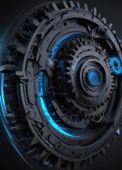 Fototapeta premium Black web design concept with blue lines and gears, gear, blue