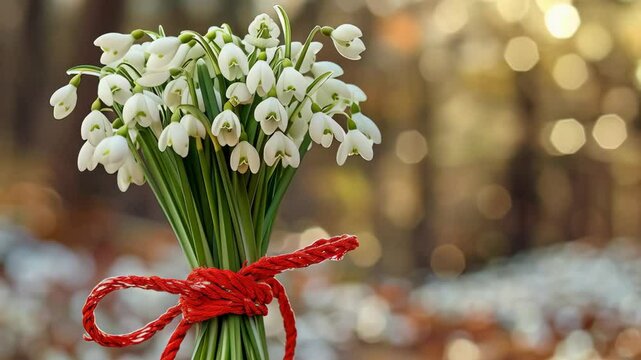 Snowdrop flower bouquet with red ribbon on blurred spring background. Romantic gift. Women's Day, Valentine's Day, Martisor, Easter, Spring Equinox, Hello spring concept