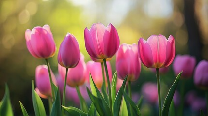 Fototapeta premium Colorful pink tulips bloom in a vibrant garden during the warm spring season