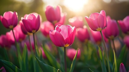 Fototapeta premium Vibrant pink tulips blooming in a garden during sunset, showcasing nature’s beauty and colors