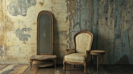 Оld chair, a mirror and a table on background of vintage wall