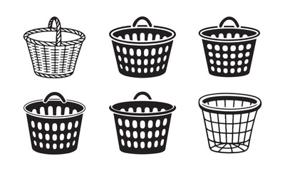 Collection of 6 Black and White Basket Vector Illustrations for Web and Graphic Design