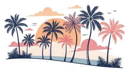 Tropical Sunset Paradise Palm Trees Beach Ocean View