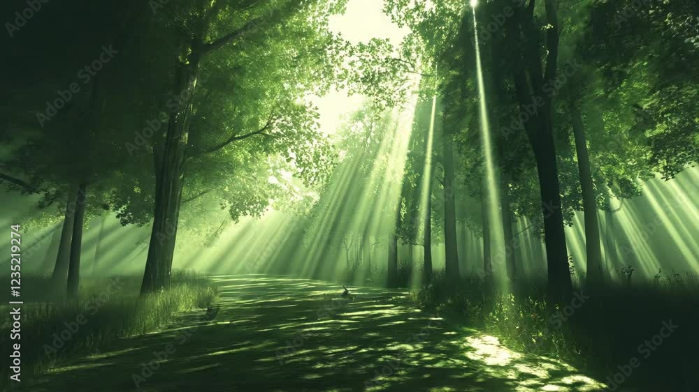 Poster sunlight filters through trees in a serene forest path creating a tranquil atmosphere for nature lov