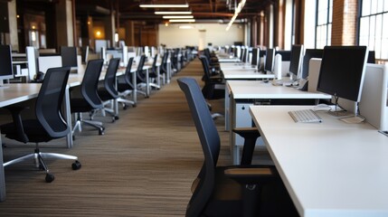 A modern office with white desks, black chairs, and large windows.