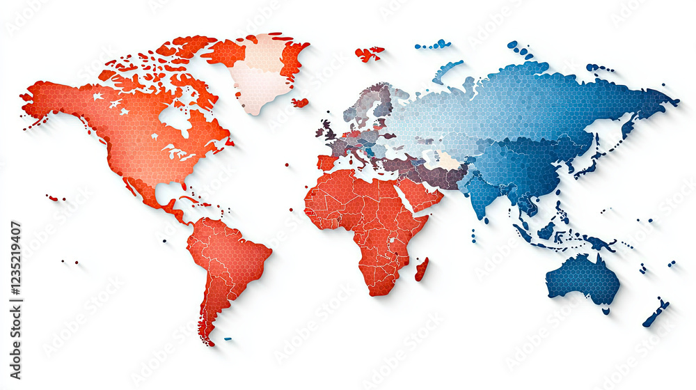 Poster Vibrant Representation of the World Map Showcasing Continents in Unique Colors and Patterns