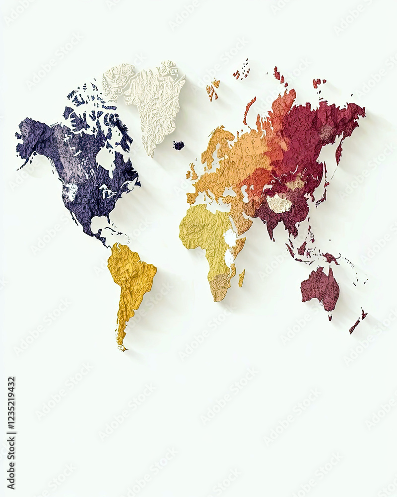 Poster Vibrant World Map Showcasing Unique Color Patterns for Each Continent