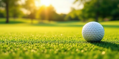 White golf ball on green grass lawn at sunset with golden sunlight. Summer sport and outdoor activity concept for banner, web header, and social media post