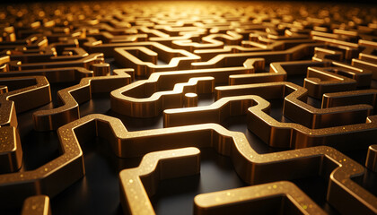 Obraz premium Golden labyrinth glowing in futuristic void, complexity and design