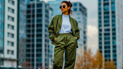 A woman in a green jacket and green pants standing in front of a city skyline