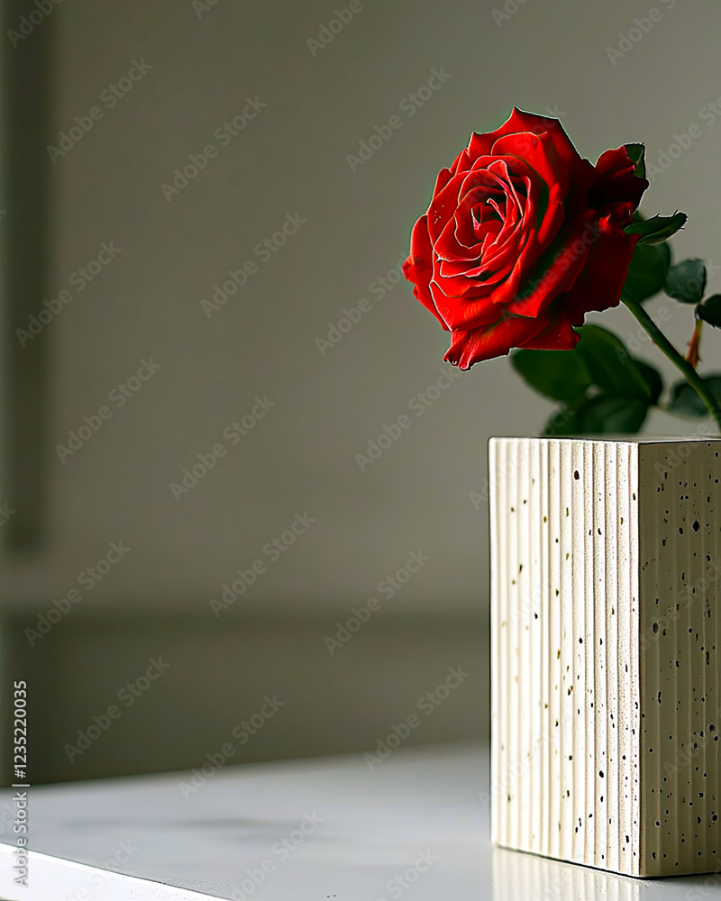 Poster elegance of a red rose resting gracefully on a pristine white surface in soft lighting
